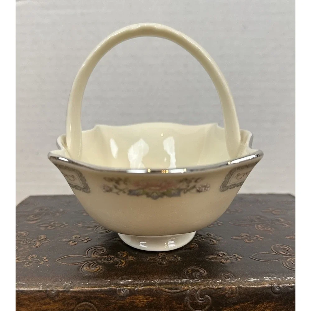 Vintage 80s Lenox Charleston Porcelain Basket Silver Trim Pink Flowers Handled